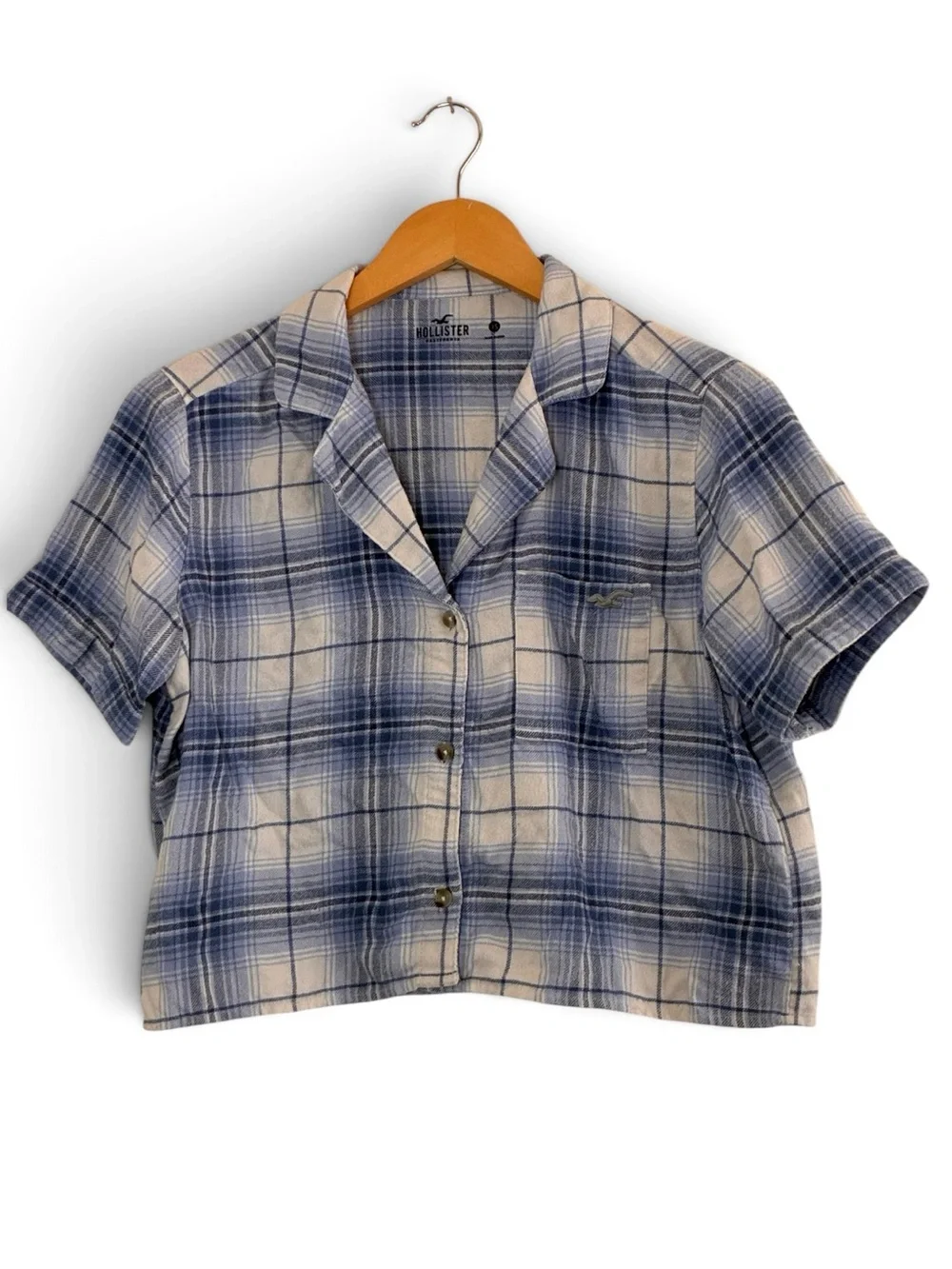 Hollister | Blue plaid flannel short sleeve button front crop sleep shirt XS